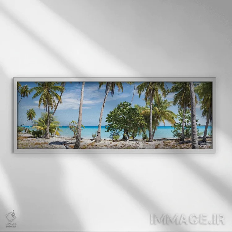 تابلو Maldives,نمای پانوراما از درختان نخل در ساحل، مالدیو اثر یان بکه - نمای قابدار سفید