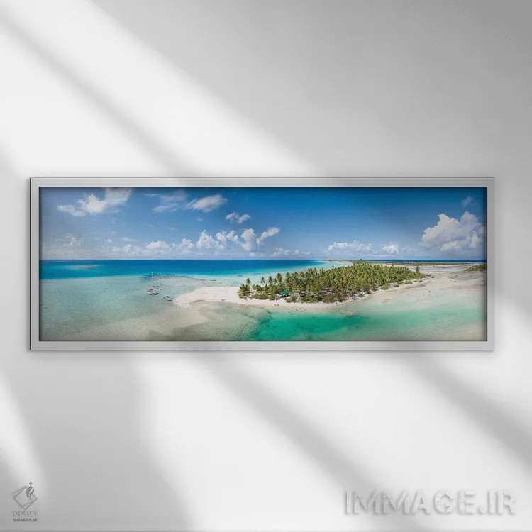 تابلو Tikehau Atoll, French Polynesia,پانورامای هوایی از تالاب آبی، آتول تیکهائو، پلینزی فرانسه اثر یان بکه - نمای قابدار سفید