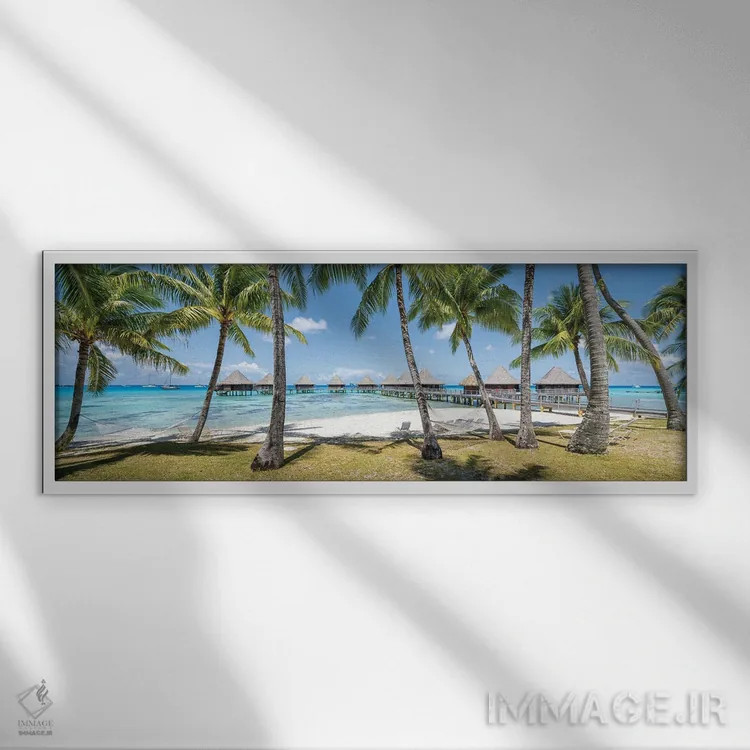 تابلو پانورامای ساحلی در پلینزی فرانسه اثر یان بکه - نمای قابدار سفید