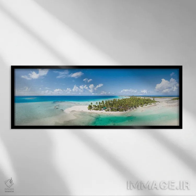 تابلو Tikehau Atoll, French Polynesia,پانورامای هوایی از تالاب آبی، آتول تیکهائو، پلینزی فرانسه اثر یان بکه - نمای قابدار مشکی