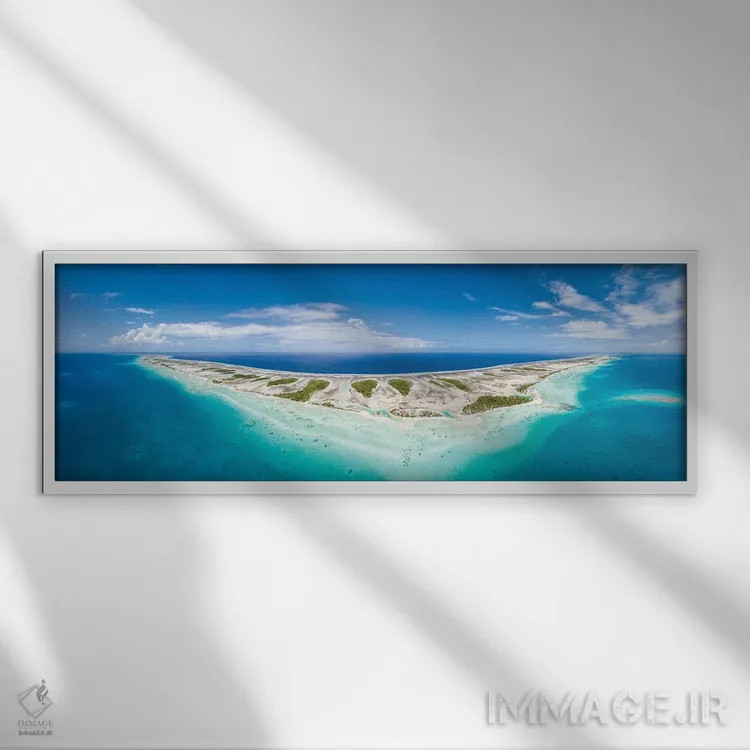 تابلو French Polynesia,پانورامای هوایی از آتول تیکهائو، پلینزی فرانسه اثر یان بکه - نمای قابدار سفید