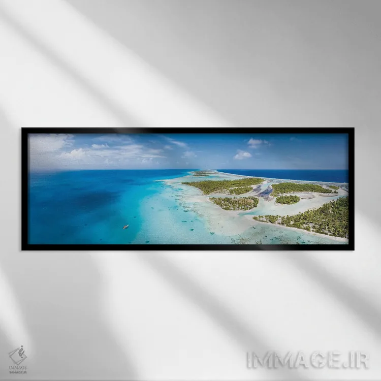 تابلو Tikehau Atoll, French Polynesia,نمای هوایی از تالاب آبی، آتول تیکهائو، پلینزی فرانسه اثر یان بکه - نمای قابدار مشکی