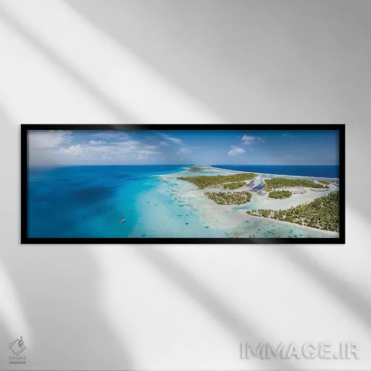 تابلو Tikehau Atoll, French Polynesia,نمای هوایی از تالاب آبی، آتول تیکهائو، پلینزی فرانسه اثر یان بکه - نمای قابدار مشکی
