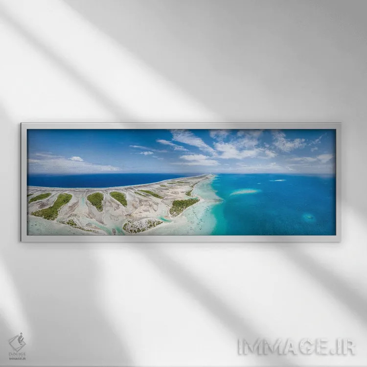 تابلو پانورامای هوایی از آتول تیکهائو در پلینزی فرانسه اثر یان بکه - نمای قابدار سفید