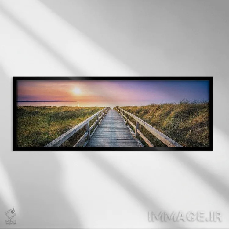 تابلو پانورامای زیبا از غروب خورشید در ساحل تپه شنی اثر یان بکه - نمای قابدار مشکی