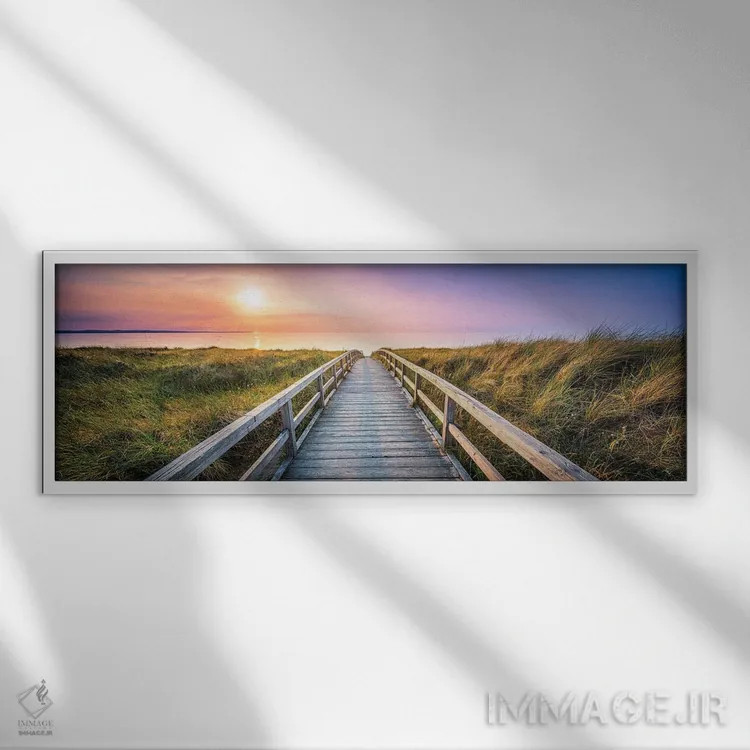 تابلو پانورامای زیبا از غروب خورشید در ساحل تپه شنی اثر یان بکه - نمای قابدار سفید