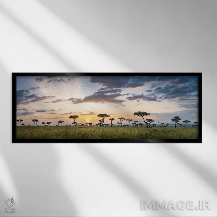 تابلو Kenya, Africa,پانورامای ساوانای ماسایی مارا در هنگام طلوع خورشید، کنیا، آفریقا اثر یان بکه - نمای قابدار مشکی
