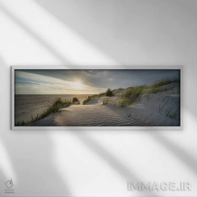 تابلو غروب خورشید در ساحل تپه شنی (II) اثر یان بکه - نمای قابدار سفید