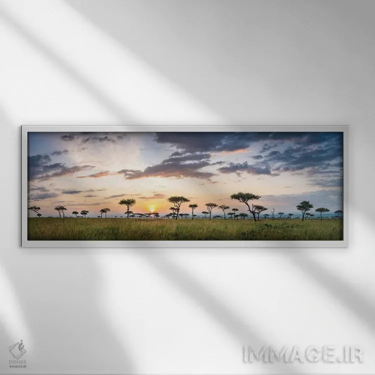 تابلو Kenya, Africa,پانورامای ساوانای ماسایی مارا در هنگام طلوع خورشید، کنیا، آفریقا اثر یان بکه - نمای قابدار سفید