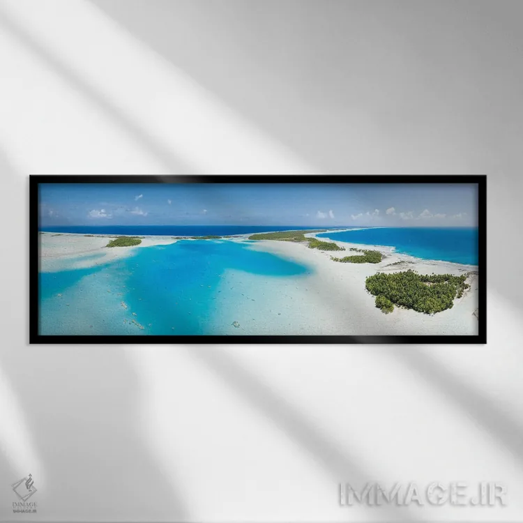 تابلو French Polynesia,منظره هوایی پانورامیک از تالاب آبی رنگیورا، پلینزی فرانسه اثر یان بکه - نمای قابدار مشکی