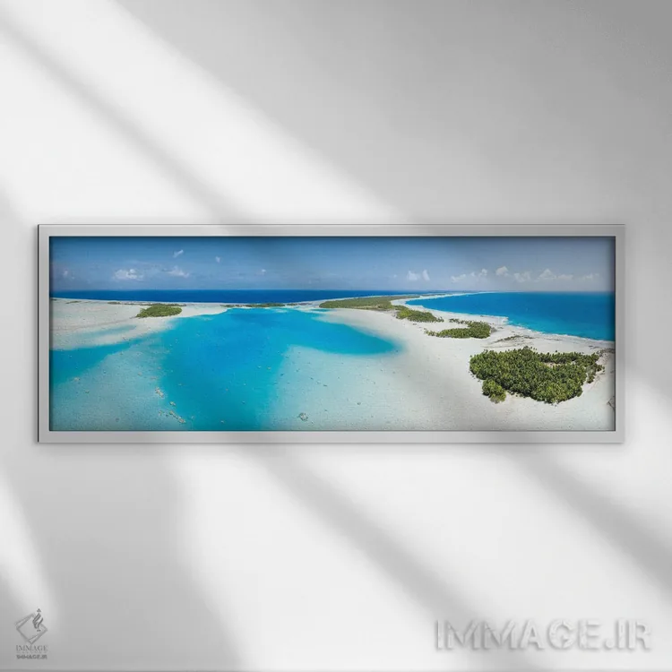 تابلو French Polynesia,منظره هوایی پانورامیک از تالاب آبی رنگیورا، پلینزی فرانسه اثر یان بکه - نمای قابدار سفید