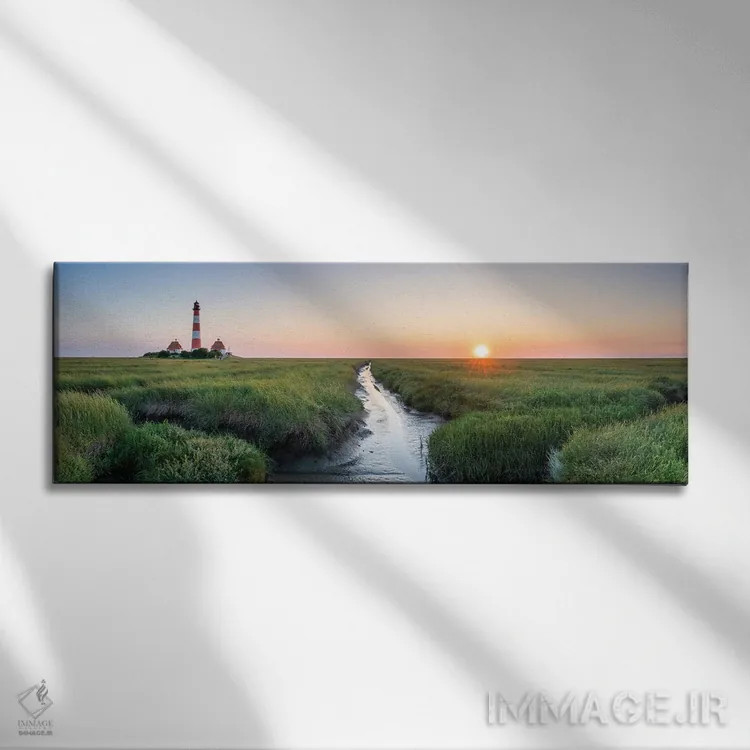 تابلو North Sea Coast, Schleswig-Holstein, Germany,پانورامای فانوس دریایی وسترهوفرزند هنگام غروب در ساحل دریای شمال، اشلسویگ-هولشتاین، آلمان اثر یان بکه - نمای روبهرو روی دیوار