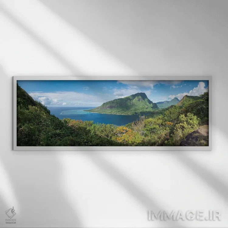 تابلو French Polynesia,نمای پانورامای خلیج اوپونوه در جزیره مورئا، پلینزی فرانسه اثر یان بکه - نمای قابدار سفید