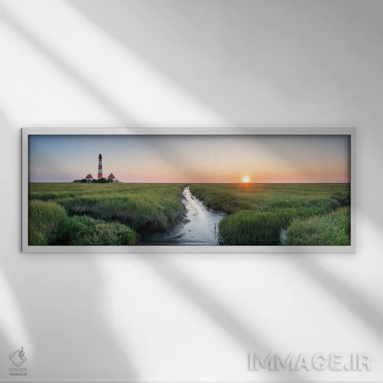 تابلو North Sea Coast, Schleswig-Holstein, Germany,پانورامای فانوس دریایی وسترهوفرزند هنگام غروب در ساحل دریای شمال، اشلسویگ-هولشتاین، آلمان اثر یان بکه - نمای قابدار سفید