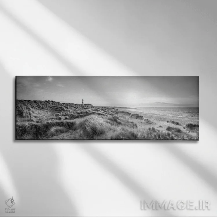 تابلو North Sea Coast, Sylt, Schleswig-Holstein, Germany, Black And White,فانوس دریایی لیست اوست در ساحل شنی، ساحل دریای شمال، زولت، اشلسویگ-هولشتاین، آلمان (سیاه و سفید) اثر یان بکه - نمای روبهرو روی دیوار
