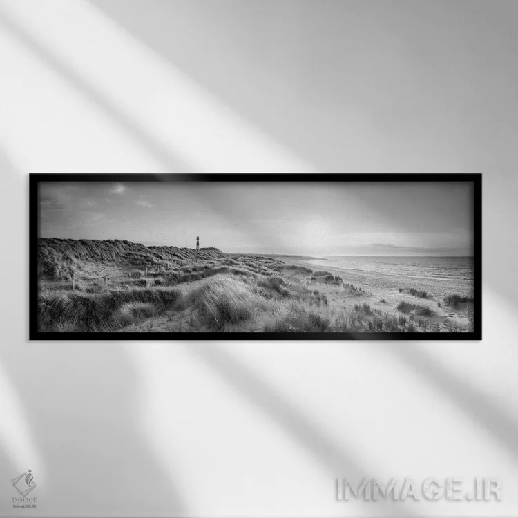 تابلو North Sea Coast, Sylt, Schleswig-Holstein, Germany, Black And White,فانوس دریایی لیست اوست در ساحل شنی، ساحل دریای شمال، زولت، اشلسویگ-هولشتاین، آلمان (سیاه و سفید) اثر یان بکه - نمای قابدار مشکی