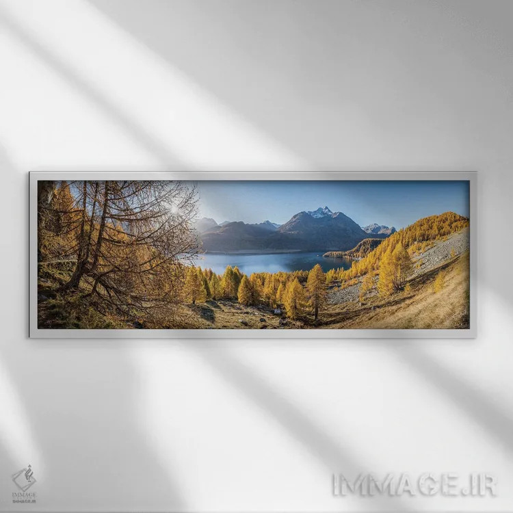 تابلو Upper Engadine Valley, Switzerland,پانورامای دریاچه سیلس (سیلسرازه) در فصل پاییز، دره اوپر انگاباور، سوئیس اثر یان بکه - نمای قابدار سفید