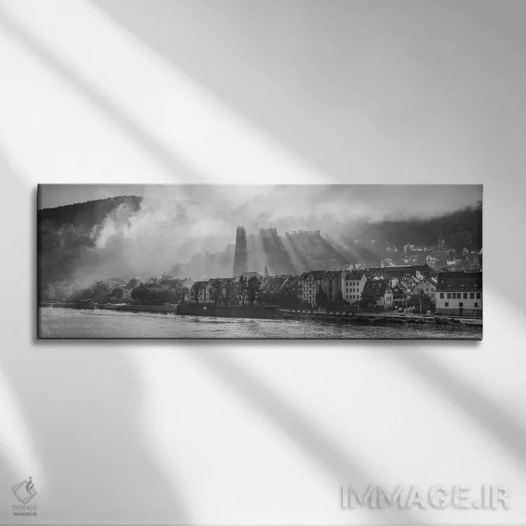 تابلو Germany, Black And White,پانورامای قلعه هایدلبرگ، آلمان (سیاه و سفید) اثر یان بکه - نمای روبهرو روی دیوار