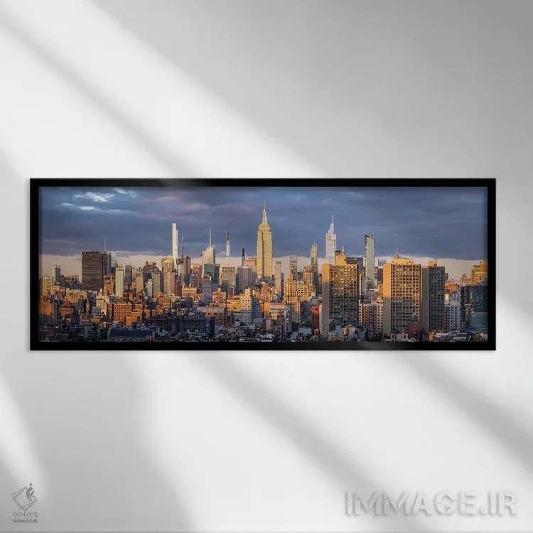 تابلو پانورامای افق نیویورک در غروب آفتاب اثر یان بکه - نمای قابدار مشکی