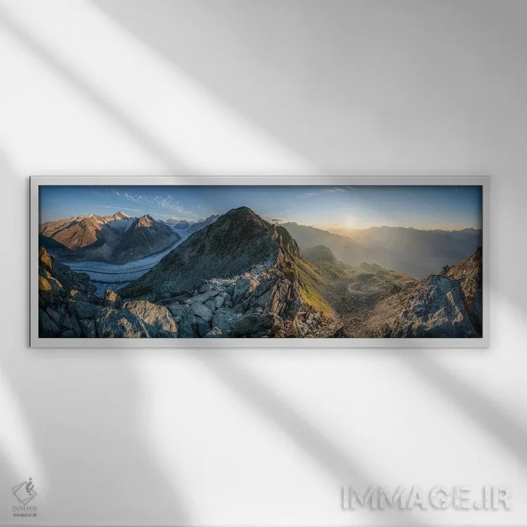 تابلو Swiss Alps, Switzerland,طلوع آفتاب بر یخچال آلتش (آلتشگلتشر) با نمای قله کوه اگیشهورن در دوردست، کوههای آلپ سوئیس اثر یان بکه - نمای قابدار سفید