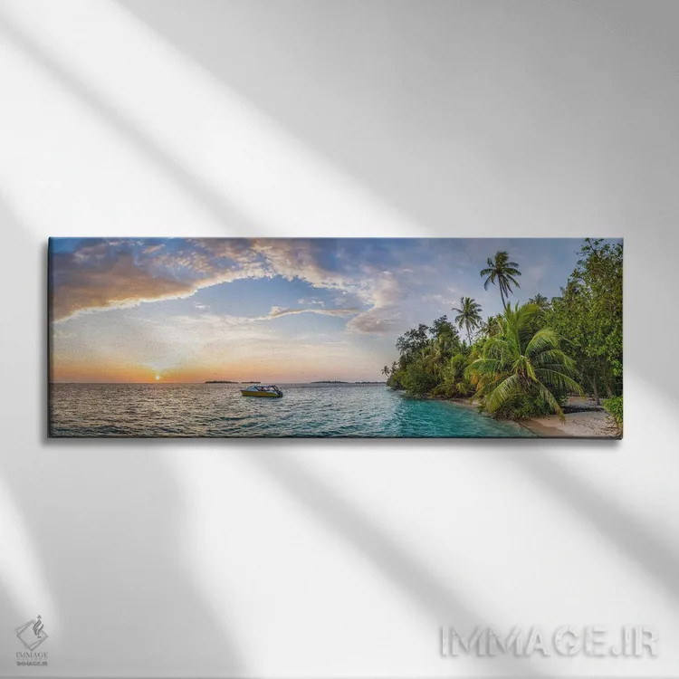 تابلو Maldives,پانورامای ساحل گرمسیری در طلوع آفتاب، مالدیو اثر یان بکه - نمای روبهرو روی دیوار