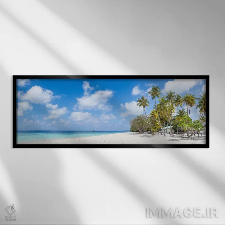 تابلو Maldives,پانورامای ساحل زیبا با درختان نخل، مالدیو اثر یان بکه - نمای قابدار مشکی