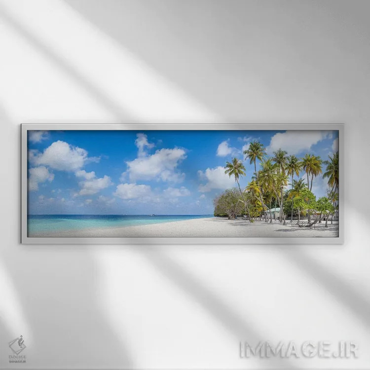 تابلو Maldives,پانورامای ساحل زیبا با درختان نخل، مالدیو اثر یان بکه - نمای قابدار سفید