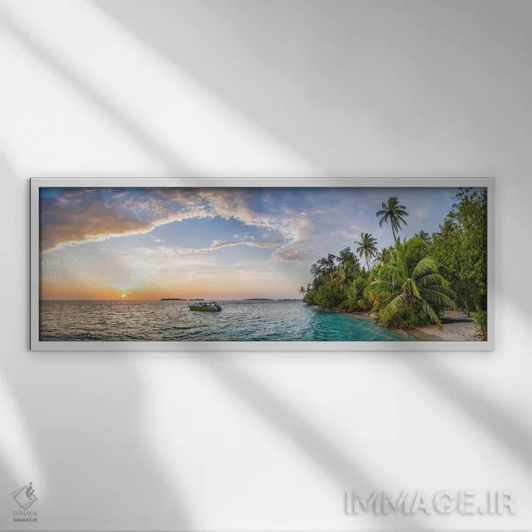 تابلو Maldives,پانورامای ساحل گرمسیری در طلوع آفتاب، مالدیو اثر یان بکه - نمای قابدار سفید