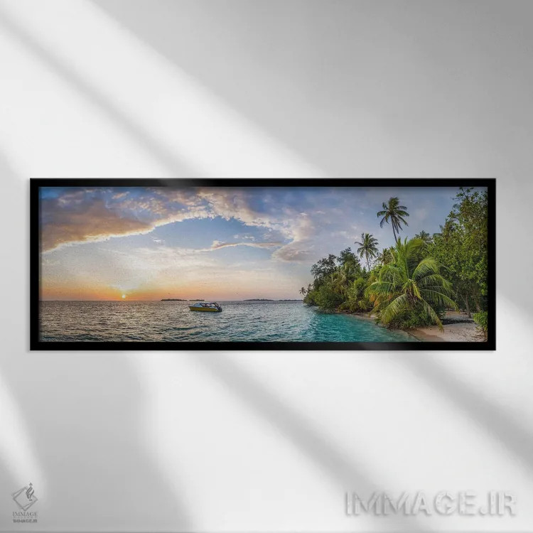 تابلو Maldives,پانورامای ساحل گرمسیری در طلوع آفتاب، مالدیو اثر یان بکه - نمای قابدار مشکی