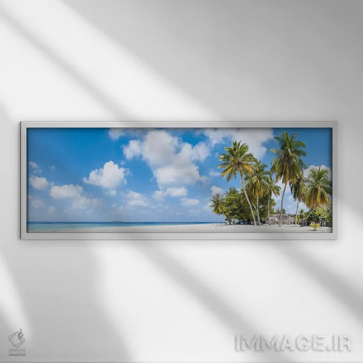 تابلو Maldives,پانورامای ساحل گرمسیری با درختان نخل، مالدیو اثر یان بکه - نمای قابدار سفید