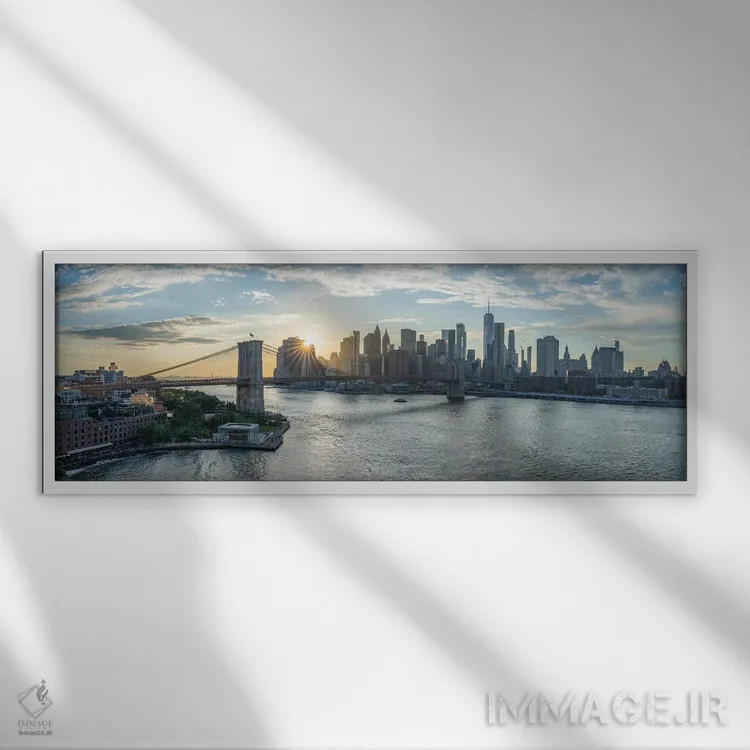 تابلو New York City,پانورامای غروب پل بروکلین و منهتن جنوبی، نیویورک اثر یان بکه - نمای قابدار سفید