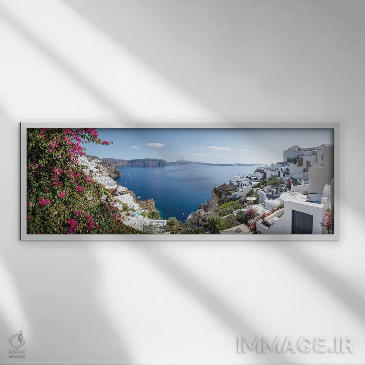 تابلو Oia, Santorini (Santorin), Greece,نمای پانورامای کالدرا در امتداد اویا، سانتورینی (سانتورین)، یونان اثر یان بکه - نمای قابدار سفید