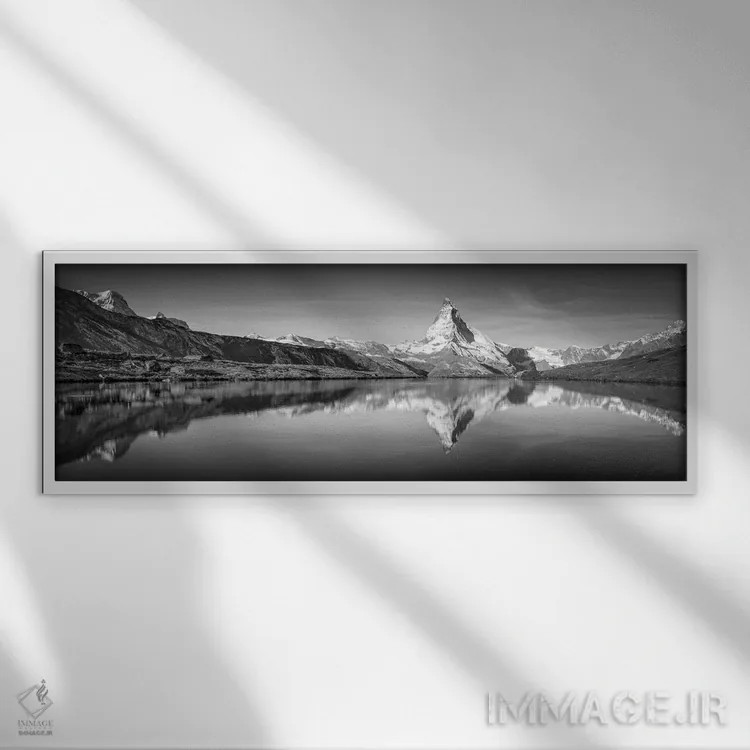 تابلو Zermatt, Switzerland,پانورامای دریاچه استلی با کوه ماترهورن سیاه و سفید، زرمات، سوئیس اثر یان بکه - نمای قابدار سفید