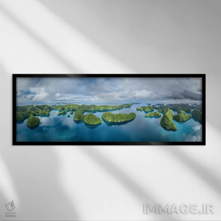 تابلو Palau, Koror, Micronesia,پانورامای هوایی جزایر چلباچب (راک آیلندز)، پالائو، کورور، میکرونزی اثر یان بکه - نمای قابدار مشکی