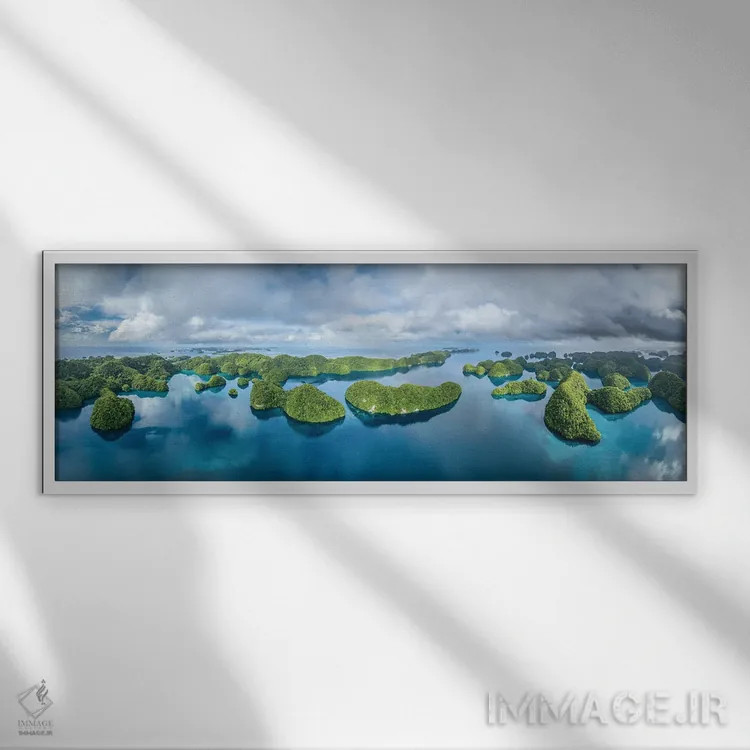 تابلو Palau, Koror, Micronesia,پانورامای هوایی جزایر چلباچب (راک آیلندز)، پالائو، کورور، میکرونزی اثر یان بکه - نمای قابدار سفید