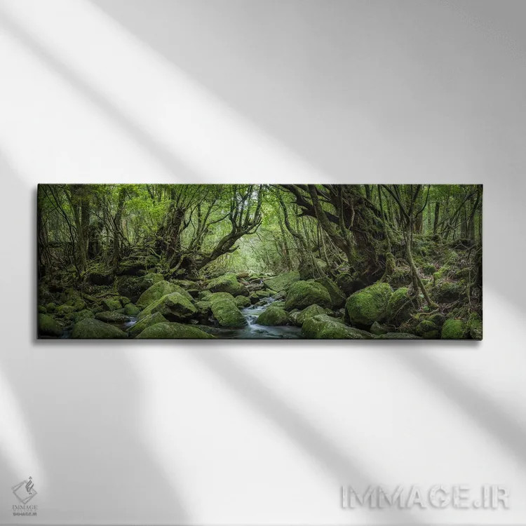 تابلو پانورامای جنگل رازآلود با خزه سبز و جوی جنگلی اثر یان بکه - نمای روبهرو روی دیوار