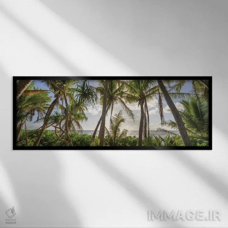 تابلو پانورامای درختان نخل در غروب آفتاب اثر یان بکه - نمای قابدار مشکی