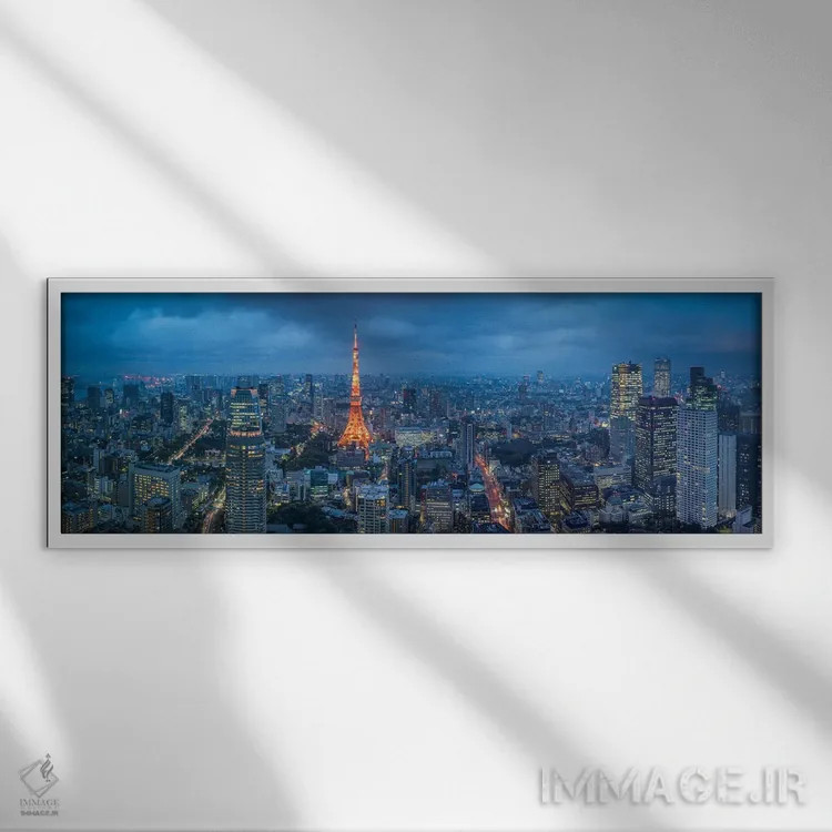 تابلو Japan,پانورامای افق شهر توکیو در شب با برج توکیو، ژاپن اثر یان بکه - نمای قابدار سفید
