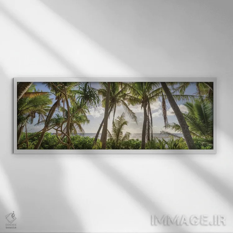 تابلو پانورامای درختان نخل در غروب آفتاب اثر یان بکه - نمای قابدار سفید