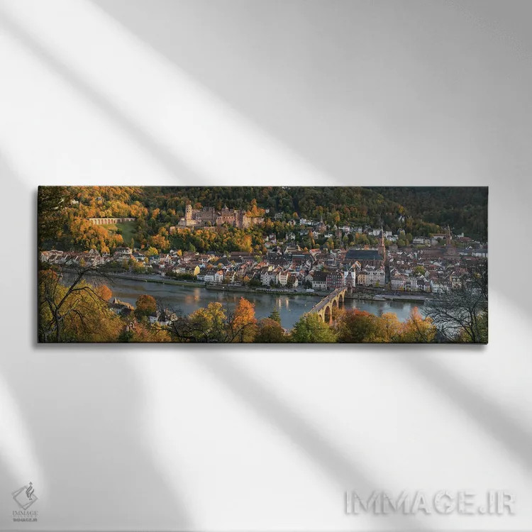تابلو شهر قدیمی هایدلبرگ در پاییز با نمای قلعه هایدلبرگ و پل قدیمی اثر یان بکه - نمای روبهرو روی دیوار