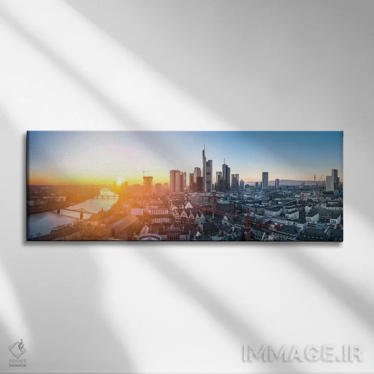 تابلو پانورامای خط آسمان فرانکفورت آم ماین هنگام غروب آفتاب اثر یان بکه - نمای روبهرو روی دیوار