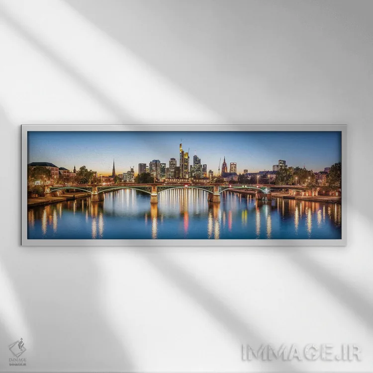 تابلو Hesse, Germany,منطقه تجاری مرکزی فرانکفورت و پل ایگناتس-بوبیس (ایگناتس بوبیس بروکه) در شب، هسن، آلمان اثر یان بکه - نمای قابدار سفید