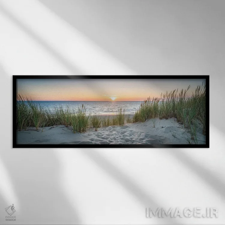 تابلو North Sea coast, Germany,پانورامای ساحل تپههای شنی در غروب، ساحل دریای شمال، آلمان اثر یان بکه - نمای قابدار مشکی