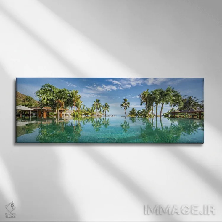 تابلو French Polynesia,استخر بینهایت در یک اقامتگاه ساحلی لوکس در تاهیتی، پلینزی فرانسه اثر یان بکه - نمای روبهرو روی دیوار