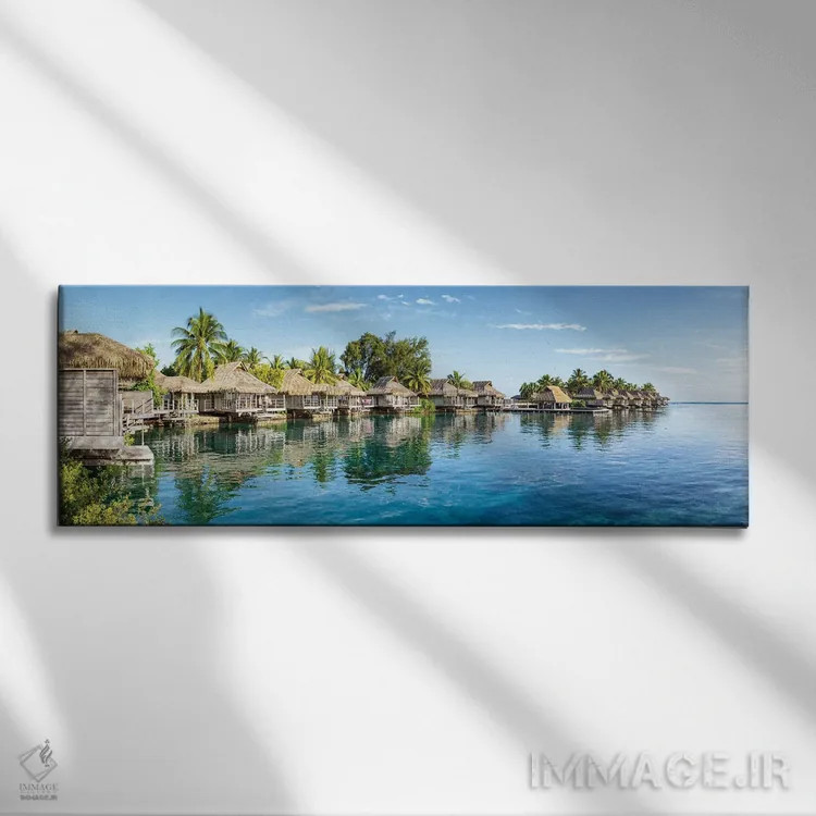 تابلو French Polynesia,بنگالوهای روی آب در یک اقامتگاه ساحلی لوکس در مورئا، پلینزی فرانسه اثر یان بکه - نمای روبهرو روی دیوار