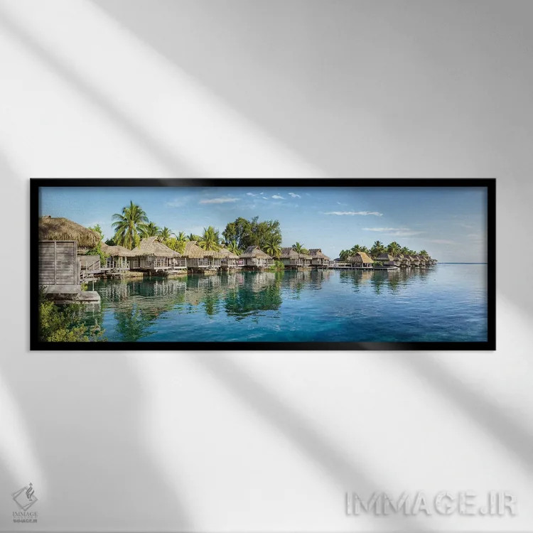 تابلو French Polynesia,بنگالوهای روی آب در یک اقامتگاه ساحلی لوکس در مورئا، پلینزی فرانسه اثر یان بکه - نمای قابدار مشکی