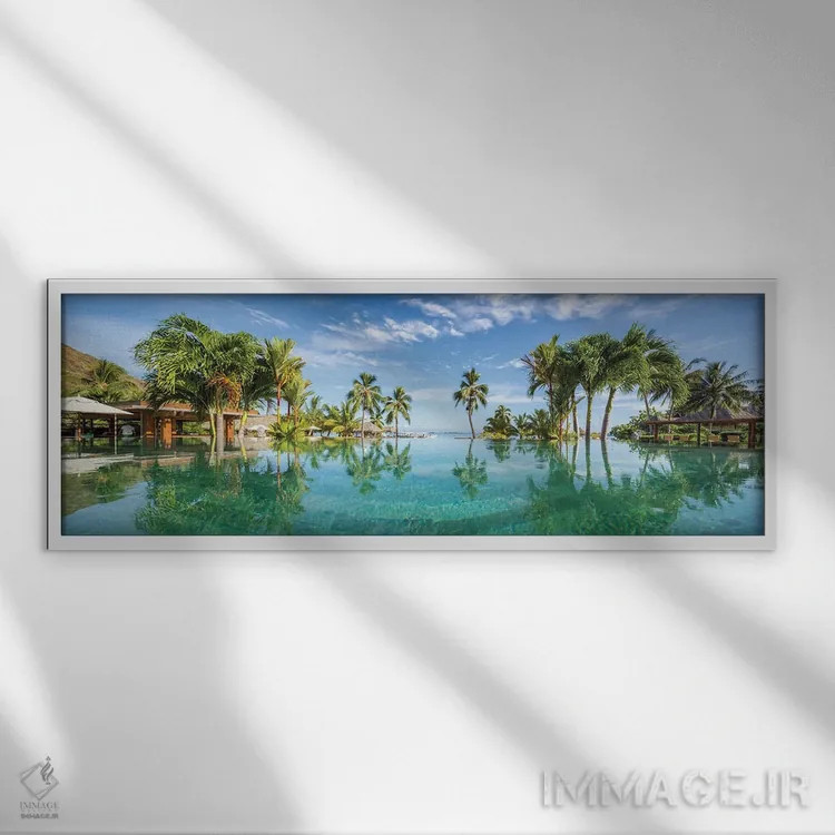 تابلو French Polynesia,استخر بینهایت در یک اقامتگاه ساحلی لوکس در تاهیتی، پلینزی فرانسه اثر یان بکه - نمای قابدار سفید