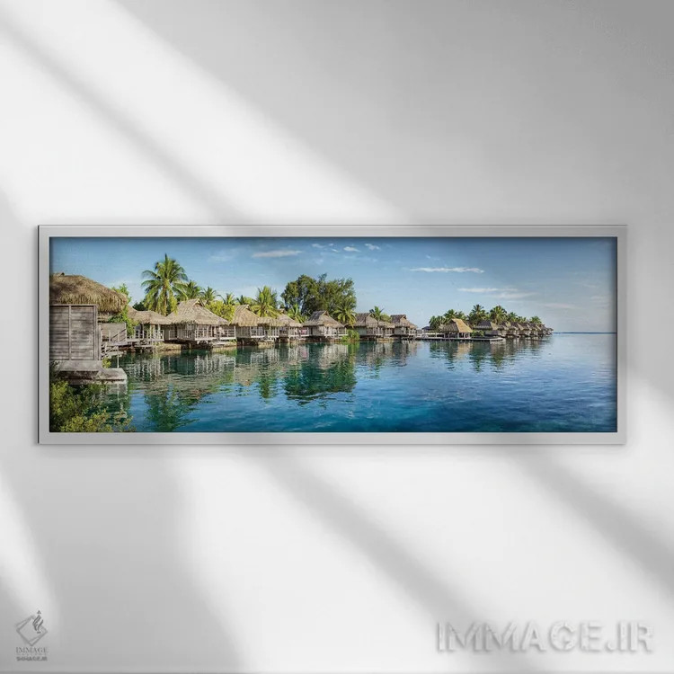 تابلو French Polynesia,بنگالوهای روی آب در یک اقامتگاه ساحلی لوکس در مورئا، پلینزی فرانسه اثر یان بکه - نمای قابدار سفید