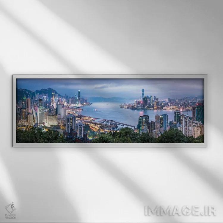 تابلو پانورامای خط افق هنگکنگ در شب اثر یان بکه - نمای قابدار سفید