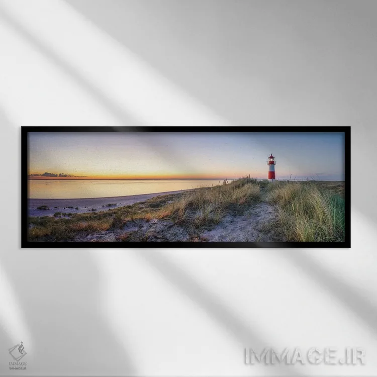 تابلو North Sea coast, Island of Sylt, Germany,طلوع آفتاب در فانوس دریایی لیست اوست، ساحل دریای شمال، جزیرهٔ زولت، آلمان اثر یان بکه - نمای قابدار مشکی